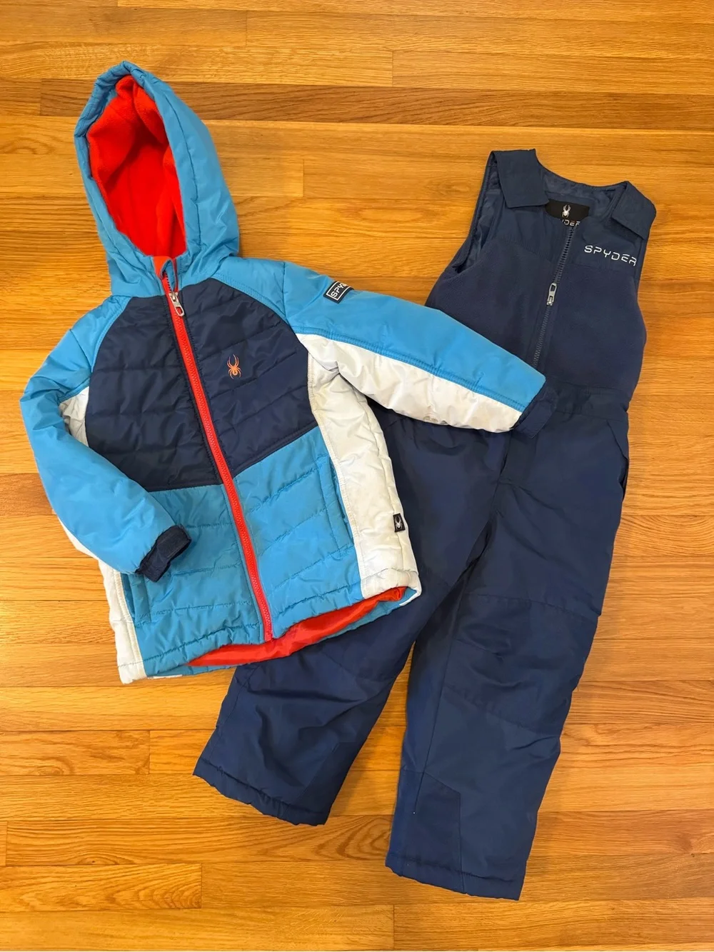 Spyder Light Blue, Navy & White Kids Ski Jacket and Bib
